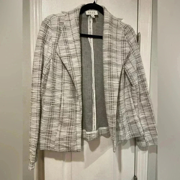 Elle Cream Black Gray Cotton Tweed Lightweight Unlined Open Front Blazer Size S - Picture 1 of 12